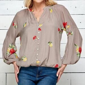 Fig & Flower Size Medium Embroidered Peasant Top Blouse Balloon Sleeve Floral